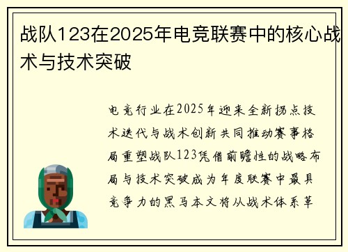 战队123在2025年电竞联赛中的核心战术与技术突破