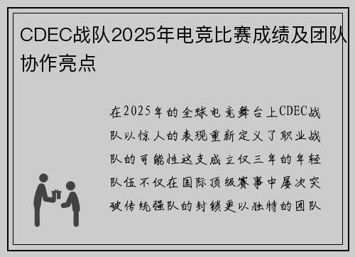 CDEC战队2025年电竞比赛成绩及团队协作亮点